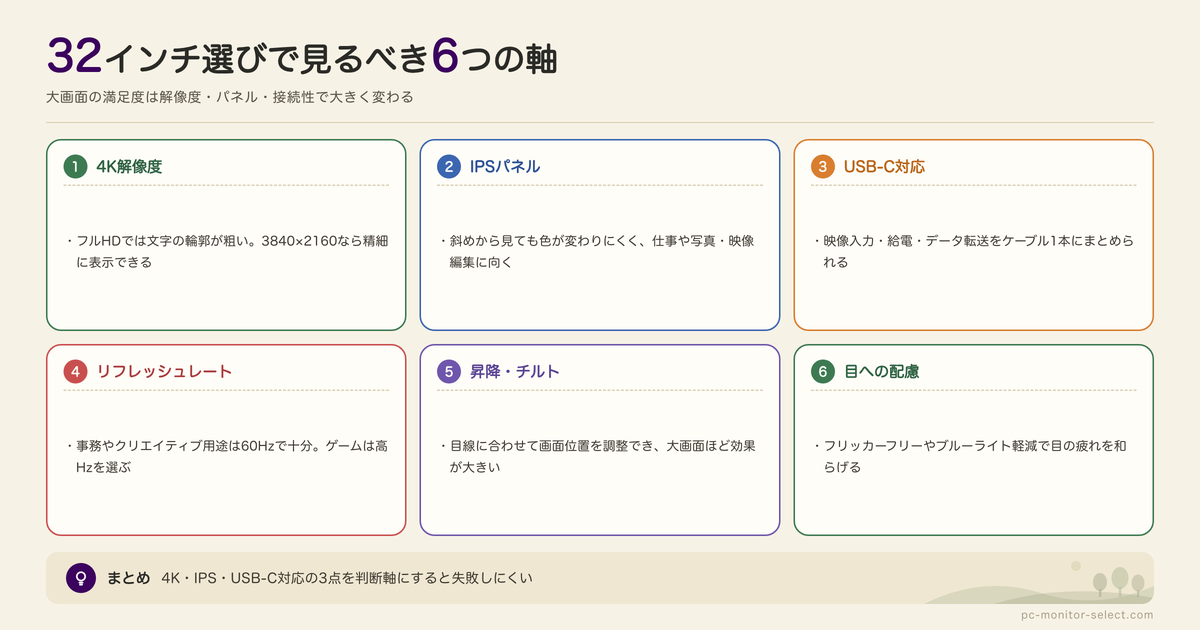 32インチ(31.5インチ)モニターのメリットと特徴の図解: 4K解像度、IPSパネル、USB-C対応、リフレッシュレート、昇降・チルト、目への配慮