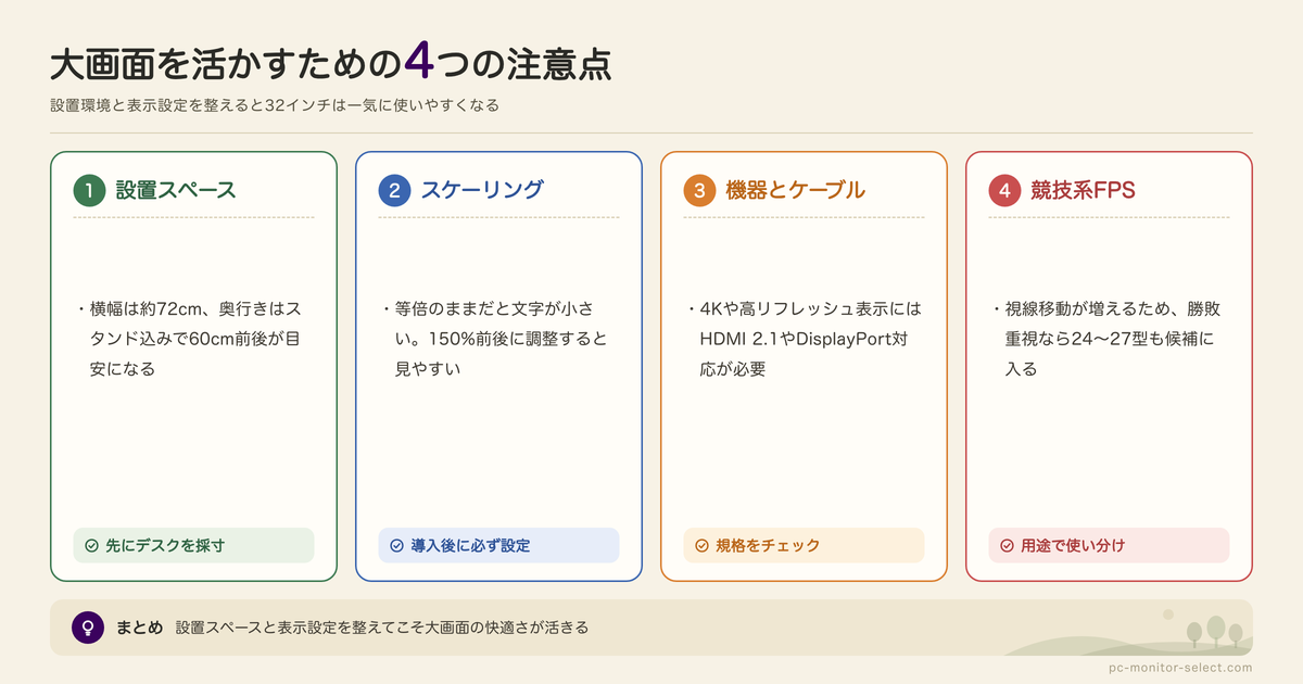 32インチ(31.5インチ)モニターを使うときの注意点の図解: 設置スペース、スケーリング、機器とケーブル、競技系FPS