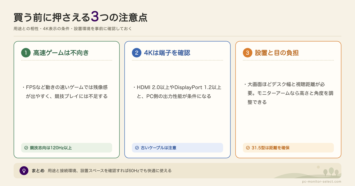 60HzのPCモニターを使うときの注意点の図解: 高速ゲームは不向き、4Kは端子を確認、設置と目の負担